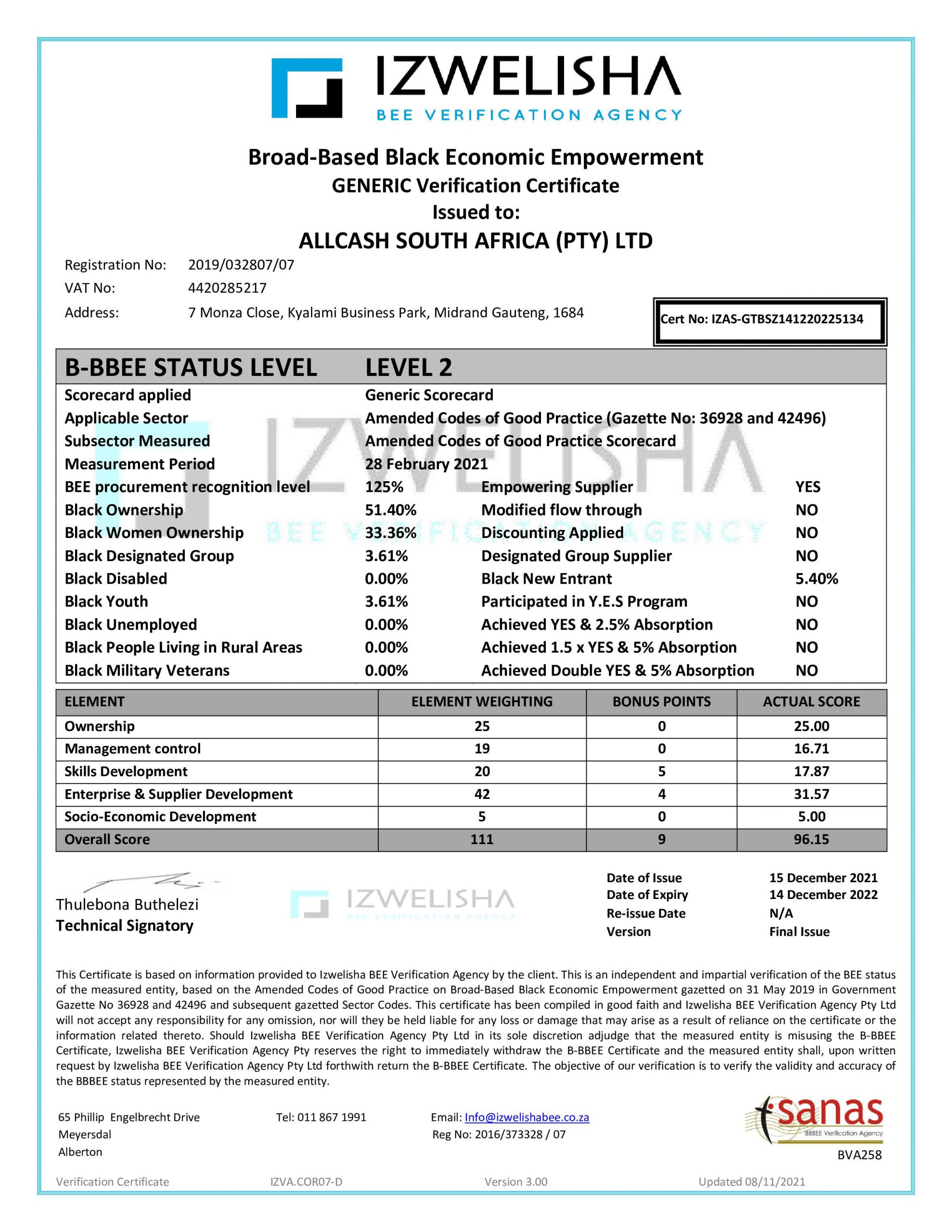 Bbbee Certificates Allcash Group 2615