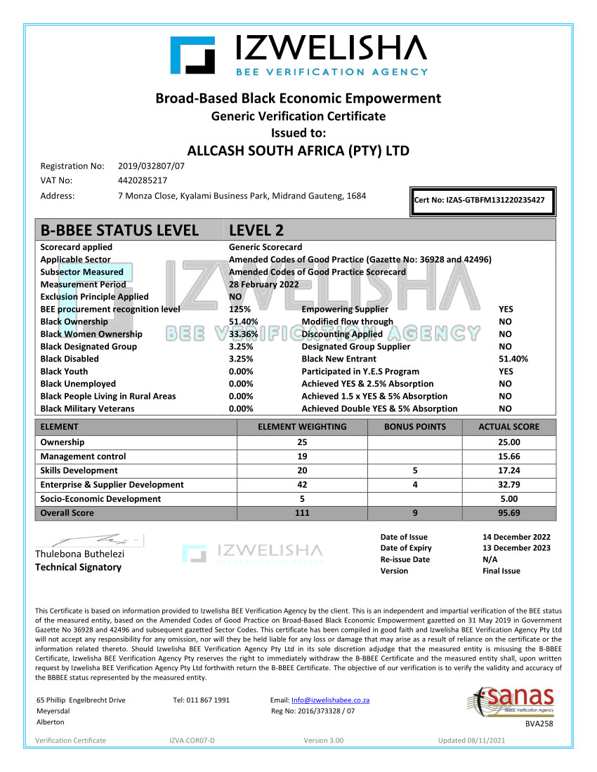 Bbbee Certificates Allcash Group 2876